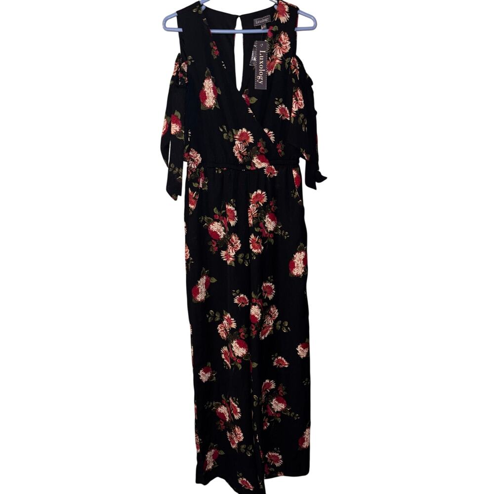 Luxology women’s cold-shoulder black red floral jumpsuit NWT (size 8)